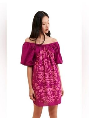 Free People FIONA Linen Fuchsia Off-Shoulder Embroidered Tunic